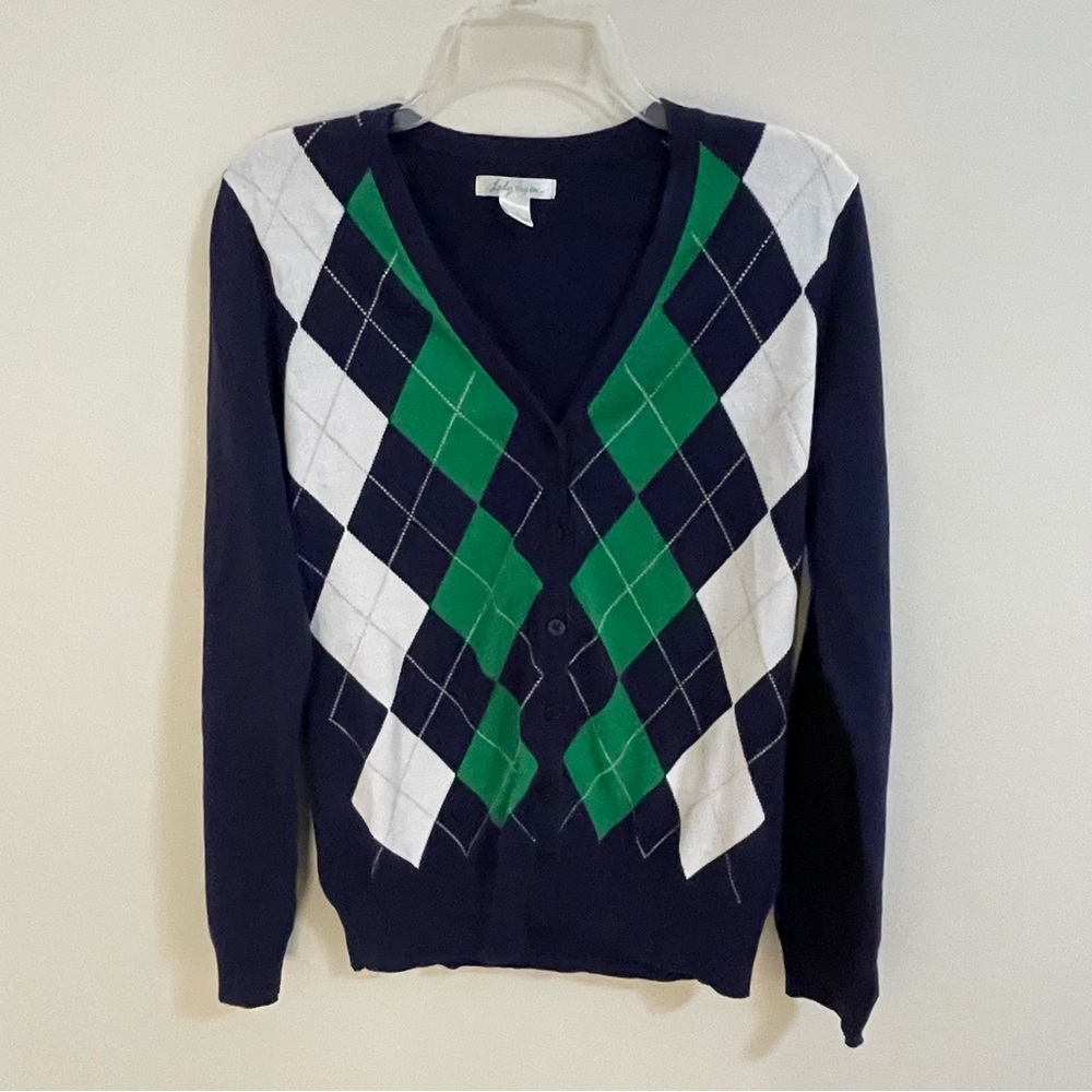 Lady Hagen Navy and Green Argyle Cardigan